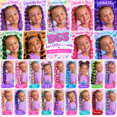 We have a huge selection of bubble braid colors and styles, face glitter designs, and hair glitter for the kids to choose from!