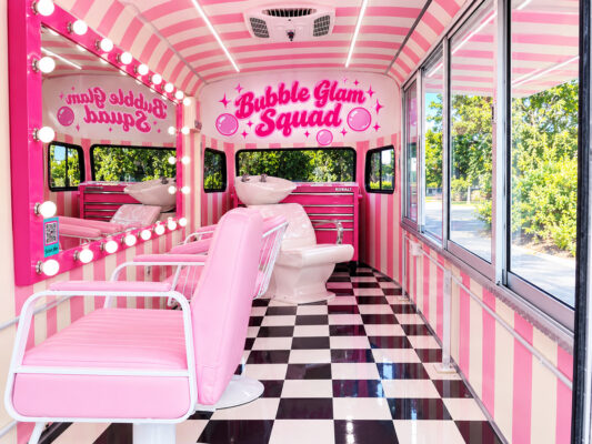 Rosie the Bubble Glam Truck has a full Hollywood mirror for spa and glam!