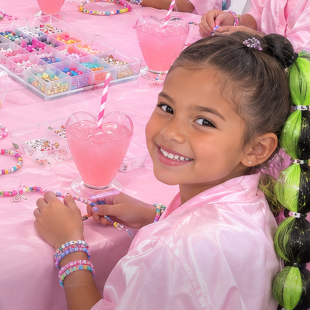 Making Memories! Sipping pink lemonade and making friendship bead bracelets at a Bubble Glam Spa party